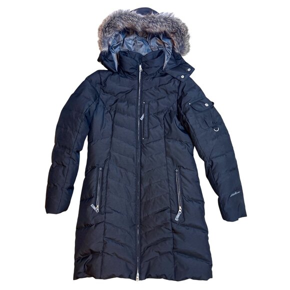 Eddie Bauer Women’s S Black Long Down Quilted Puffer Jacket Parka Faux Fur Hood - Picture 3 of 13